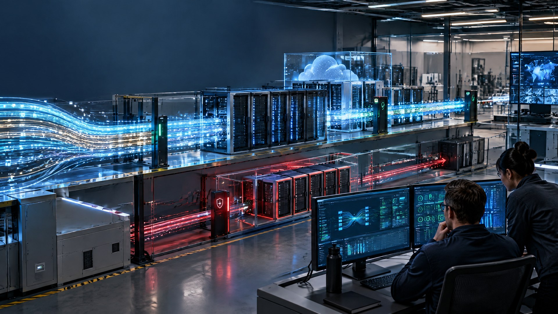 High-volume card-processing operations lab with cloud infrastructure, transaction monitoring, and a separate resilience test lane