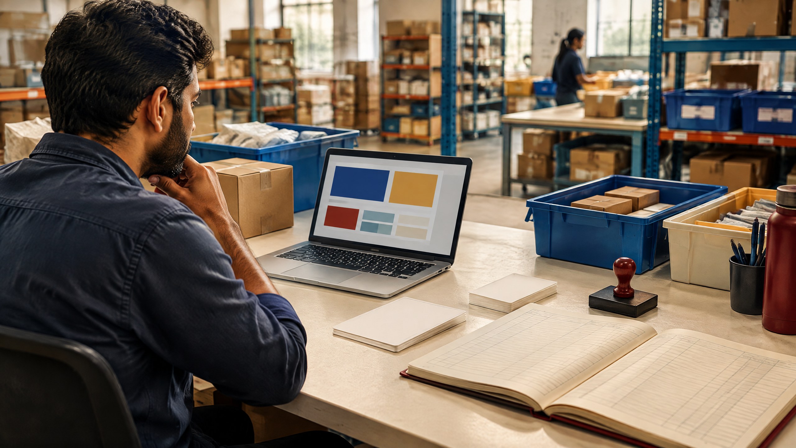 Indian ecommerce founder reviewing marketplace automation controls beside inventory bins, an approval stamp, and an audit ledger.