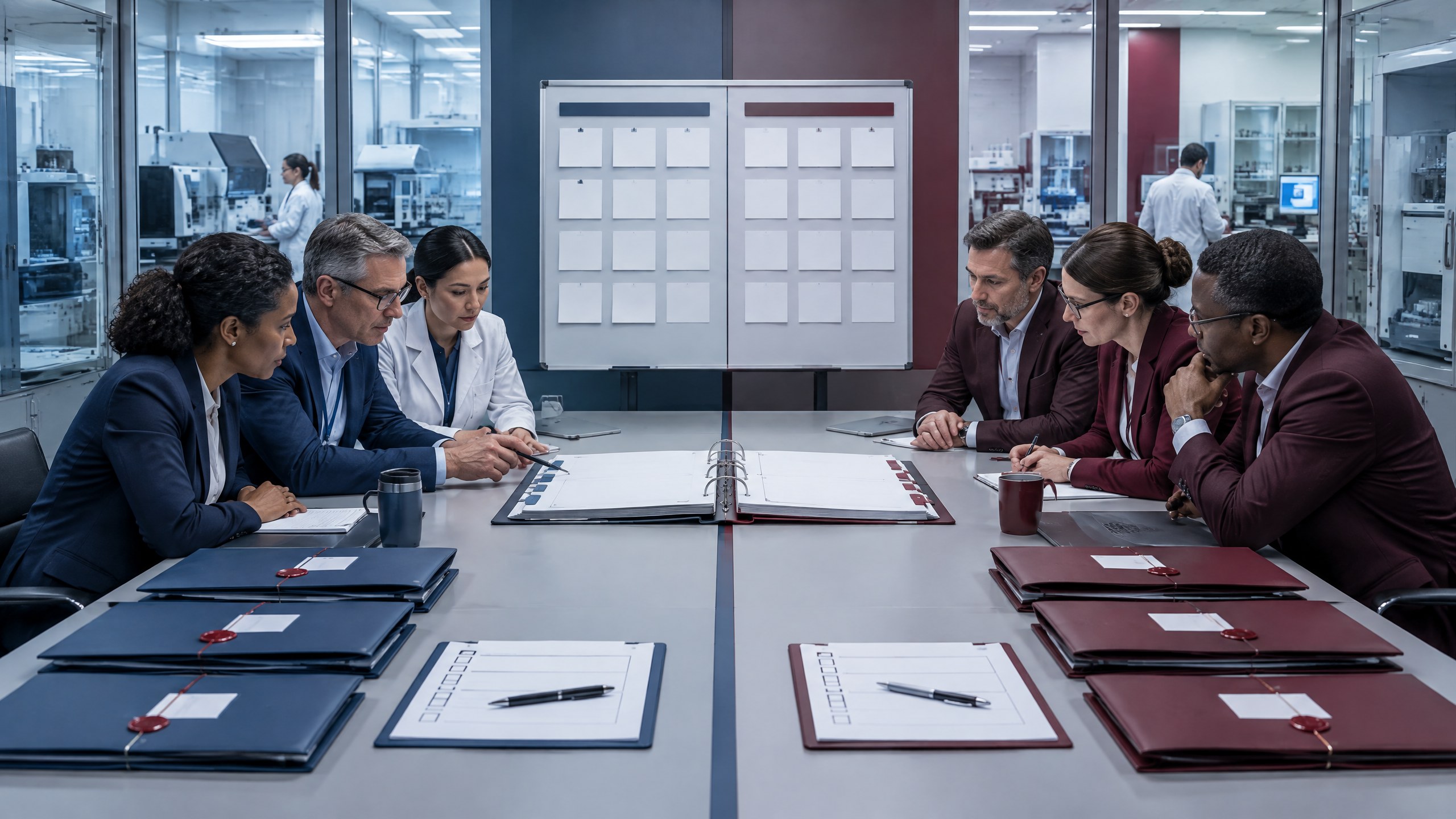 Two still-separate life-science management teams reviewing sealed transition folders and a blank milestone board.