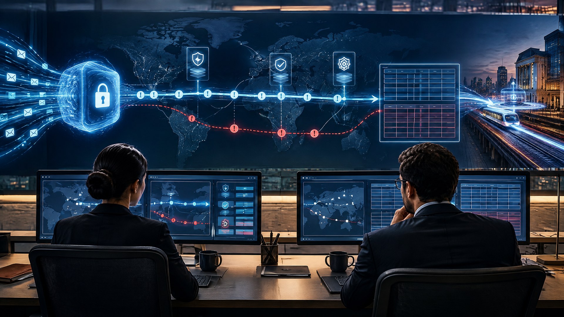 Cross-border payment operations desk linking a Swift message gateway to a Hong Kong instant-payment rail with an exception lane and reconciliation ledger