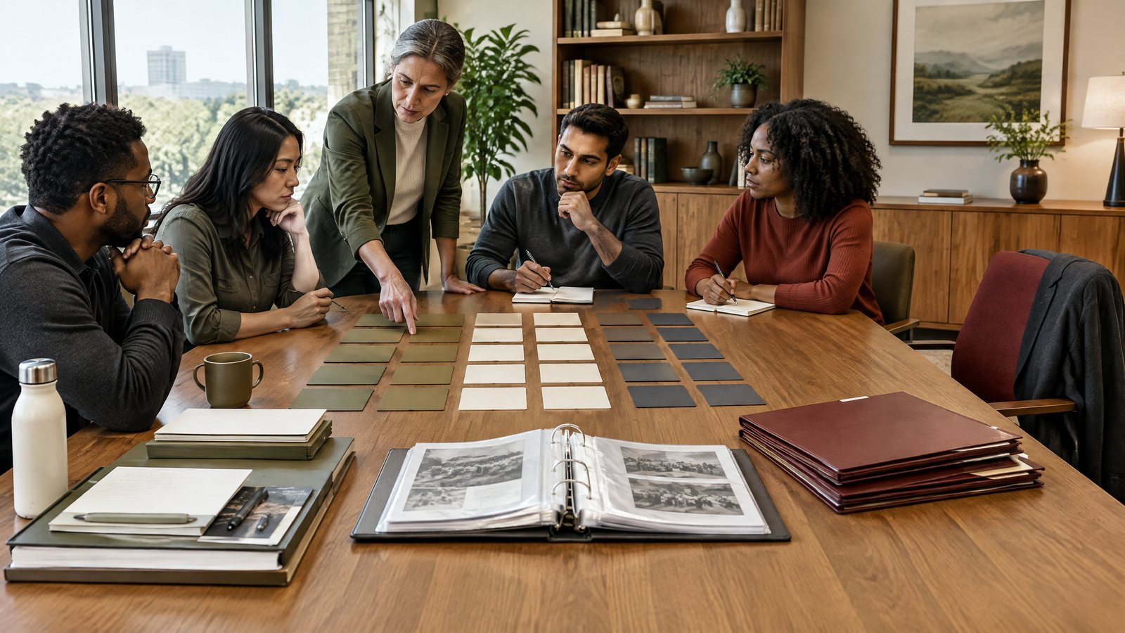Workforce-planning workshop with mixed-career-stage employees, blank cohort cards, onboarding materials, a knowledge-transfer binder, and succession folders