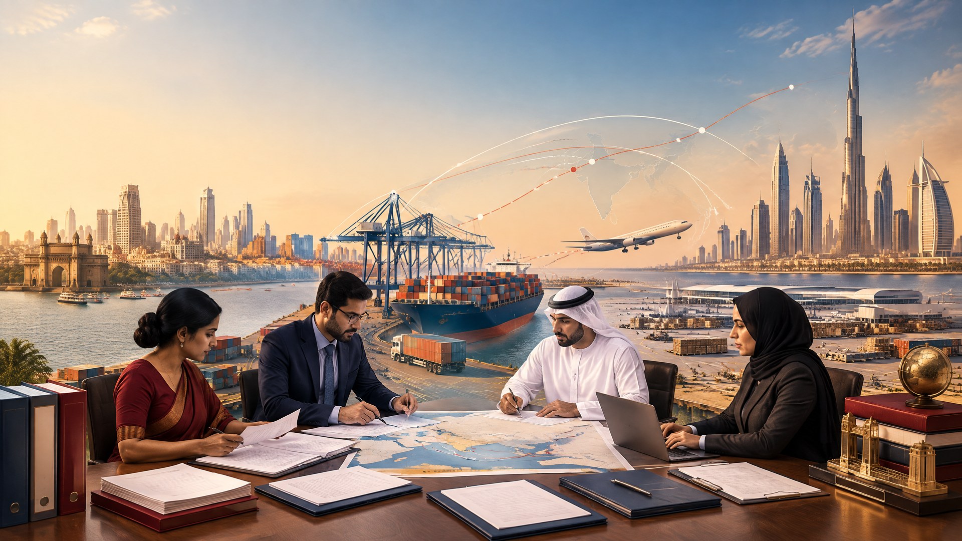 India–UAE trade corridor linking customs evidence, payment operations, port logistics, and GIFT City banking routes