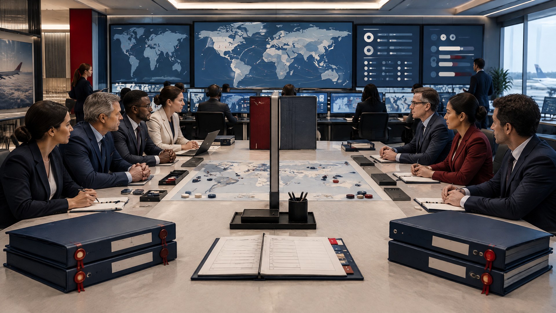 Global travel-operations control room after a corporate handover, with transition teams, route maps, financing binders, service-status panels, and a visible governance handoff line