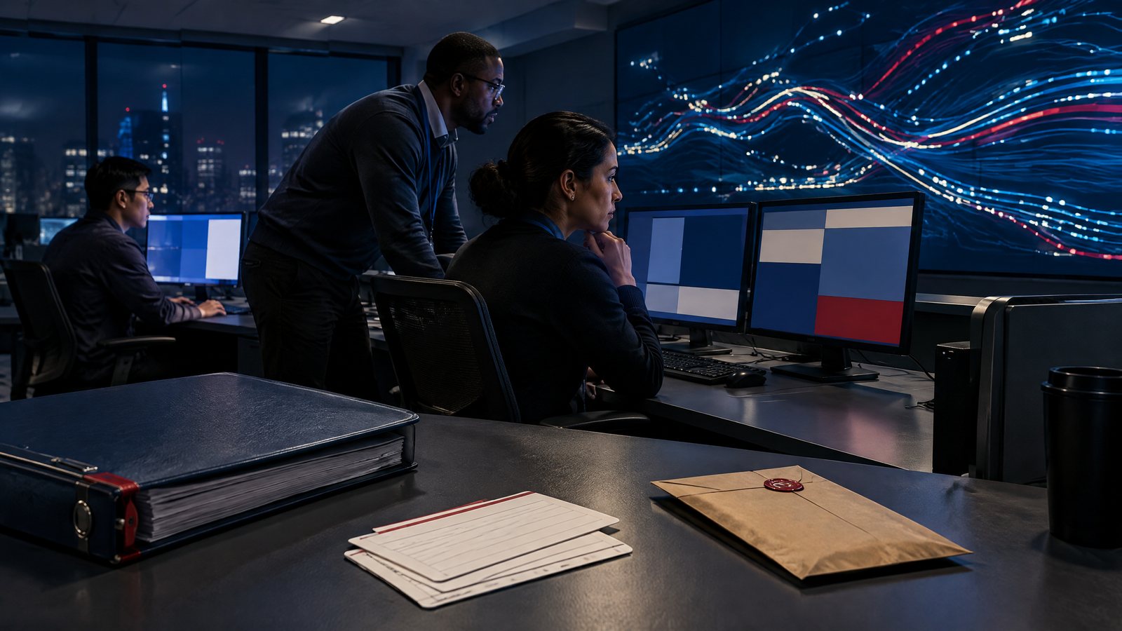 Three payment-operations staff monitoring an overnight cutover beside abstract consoles, blank reconciliation cards, an incident binder, and a sealed rollback envelope.