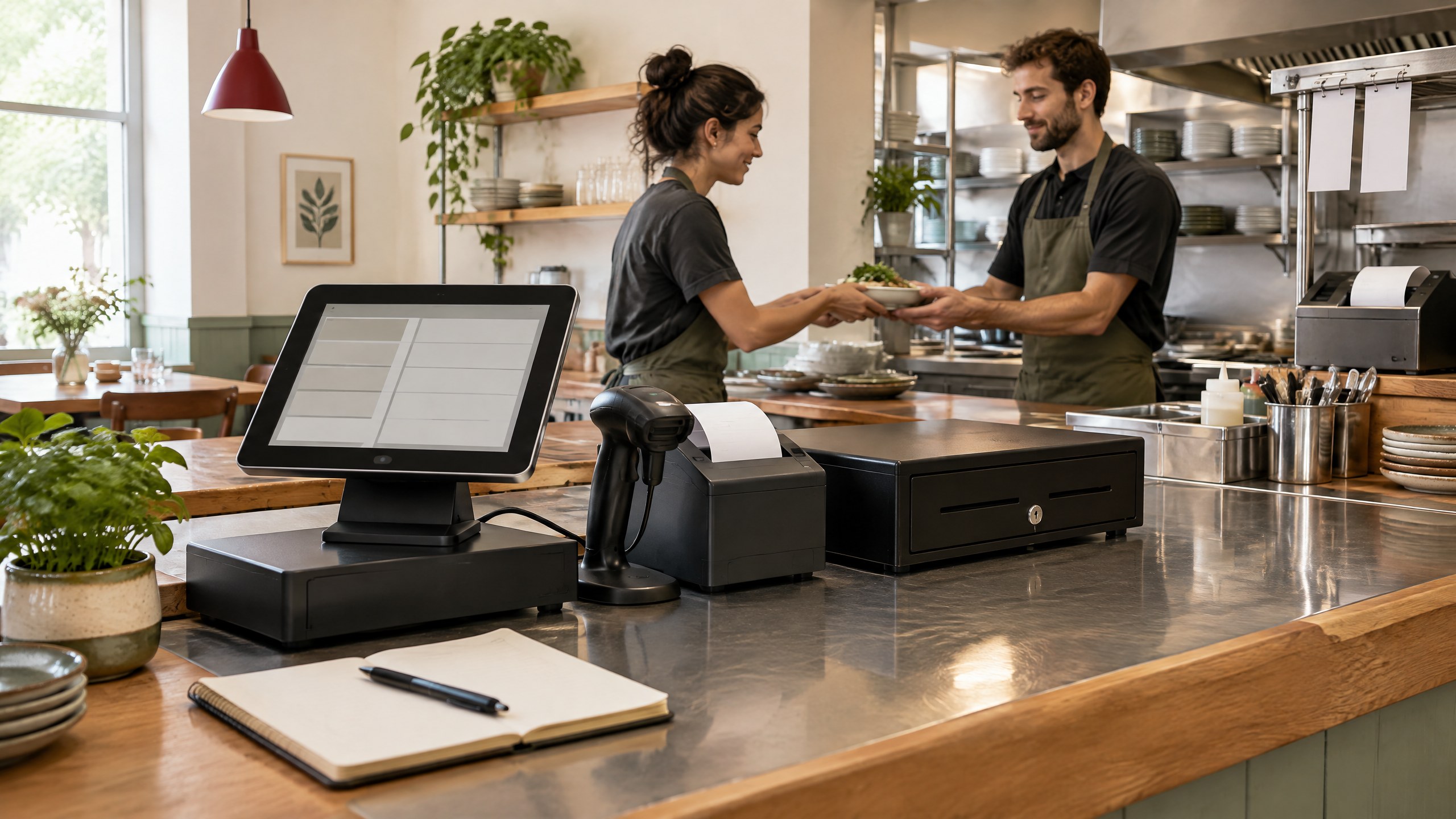 Independent cafe team rehearsing an order handoff beside a generic point-of-sale terminal, printer, scanner, and cash drawer.