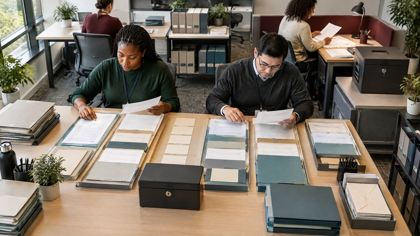 HR benefits operations room with provider folders, eligibility cards, a privacy lockbox, and staff reviewing separate workflow lanes