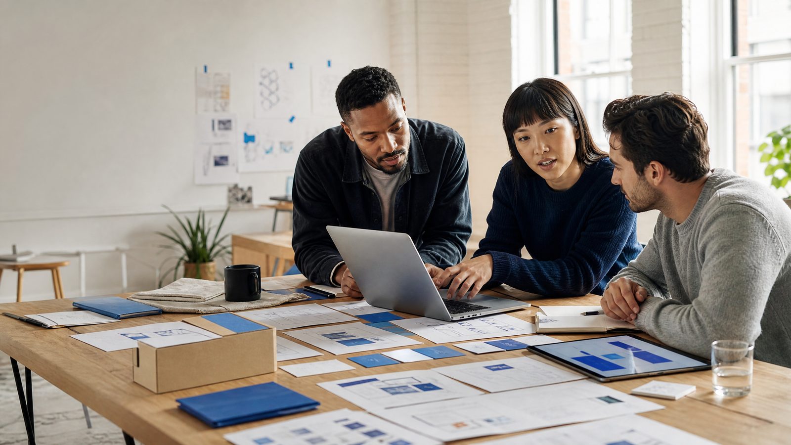 Entrepreneurs planning an AI-enabled operating workflow around a shared table
