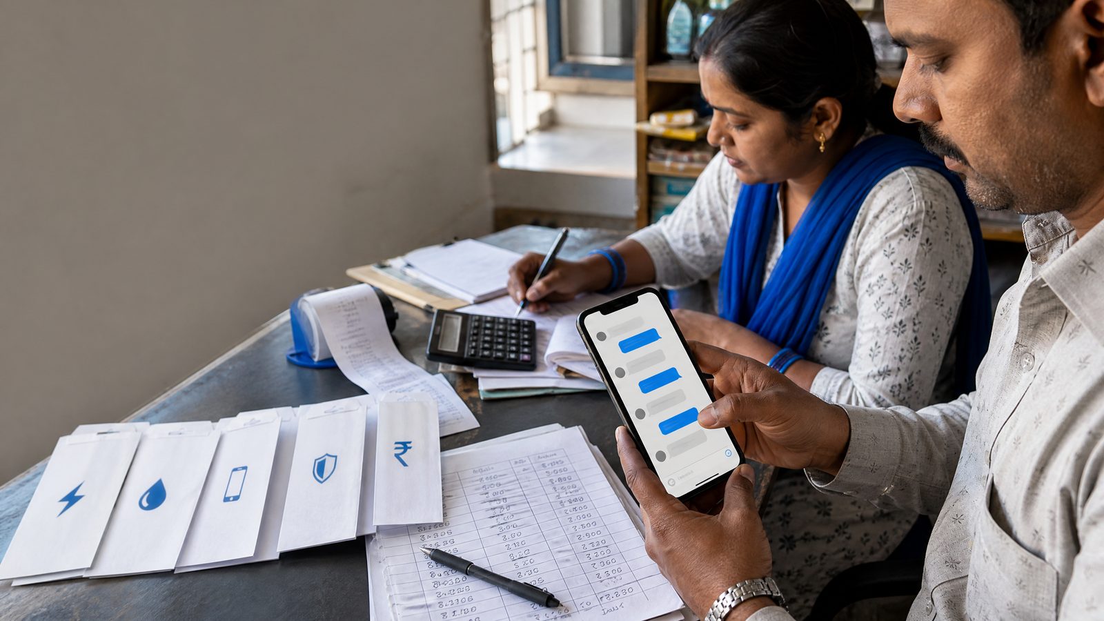 Indian household and microbusiness payment desk with utility bills, rupee worksheet, receipts, and a generic message-based payment flow