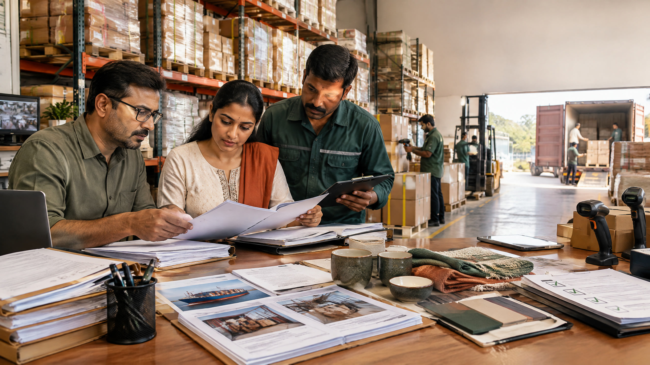 Indian export-MSME finance desk with invoices, shipment evidence, and a lender-review workflow
