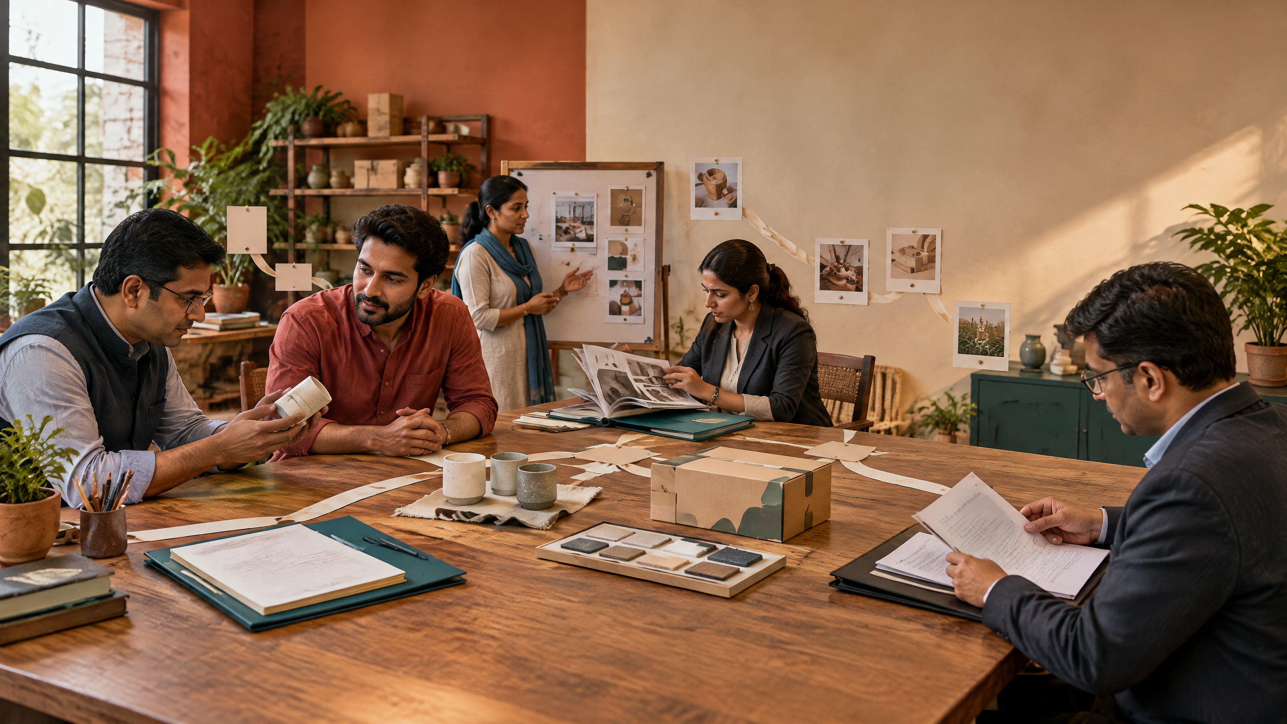 Indian small-business founder organizing capability, training, finance, and market-readiness evidence with institutional advisers