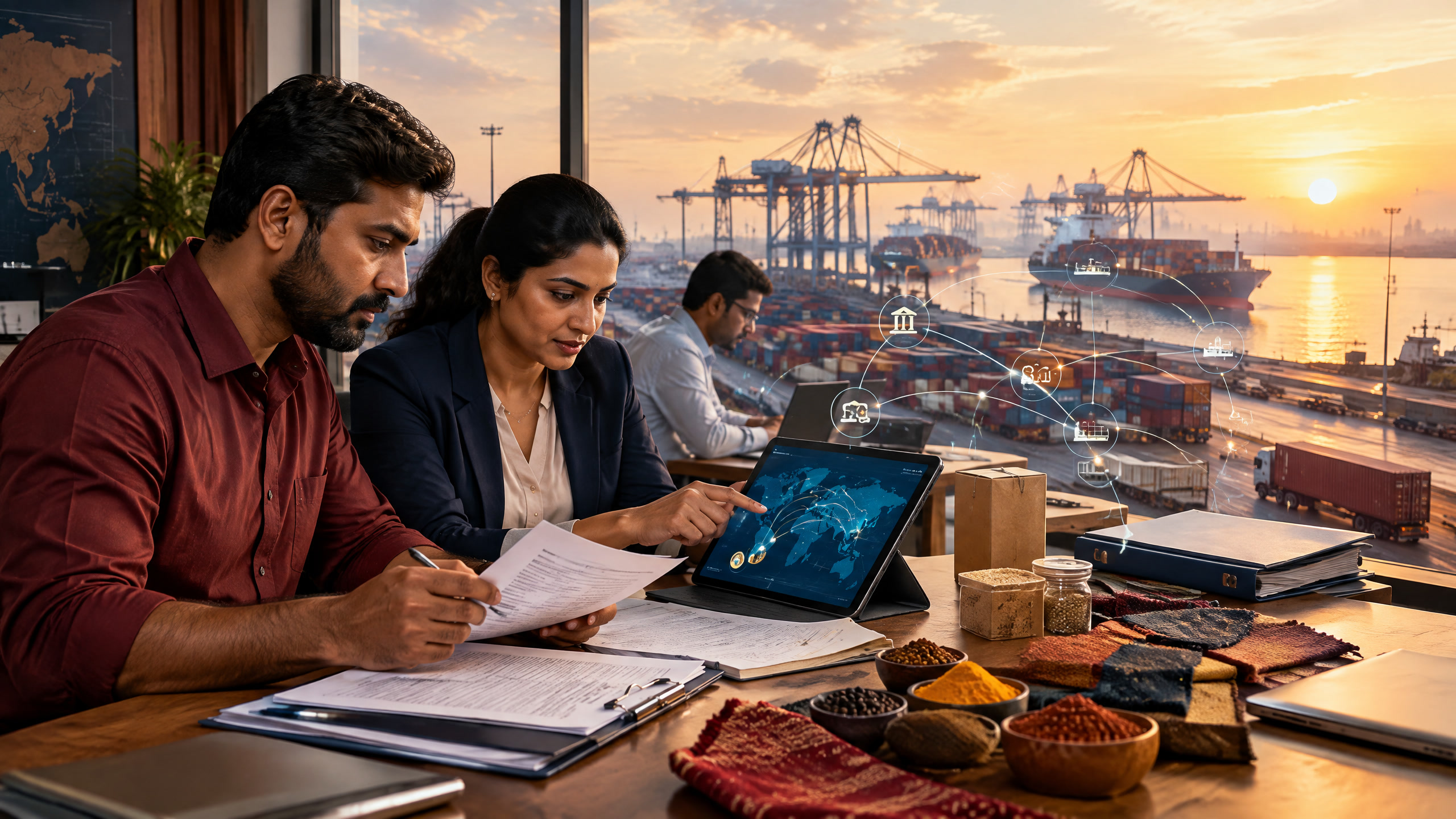 A warm, editorial-style composition showing shipping documents, cargo containers, and interconnected digital pathways representing international trade logistics.