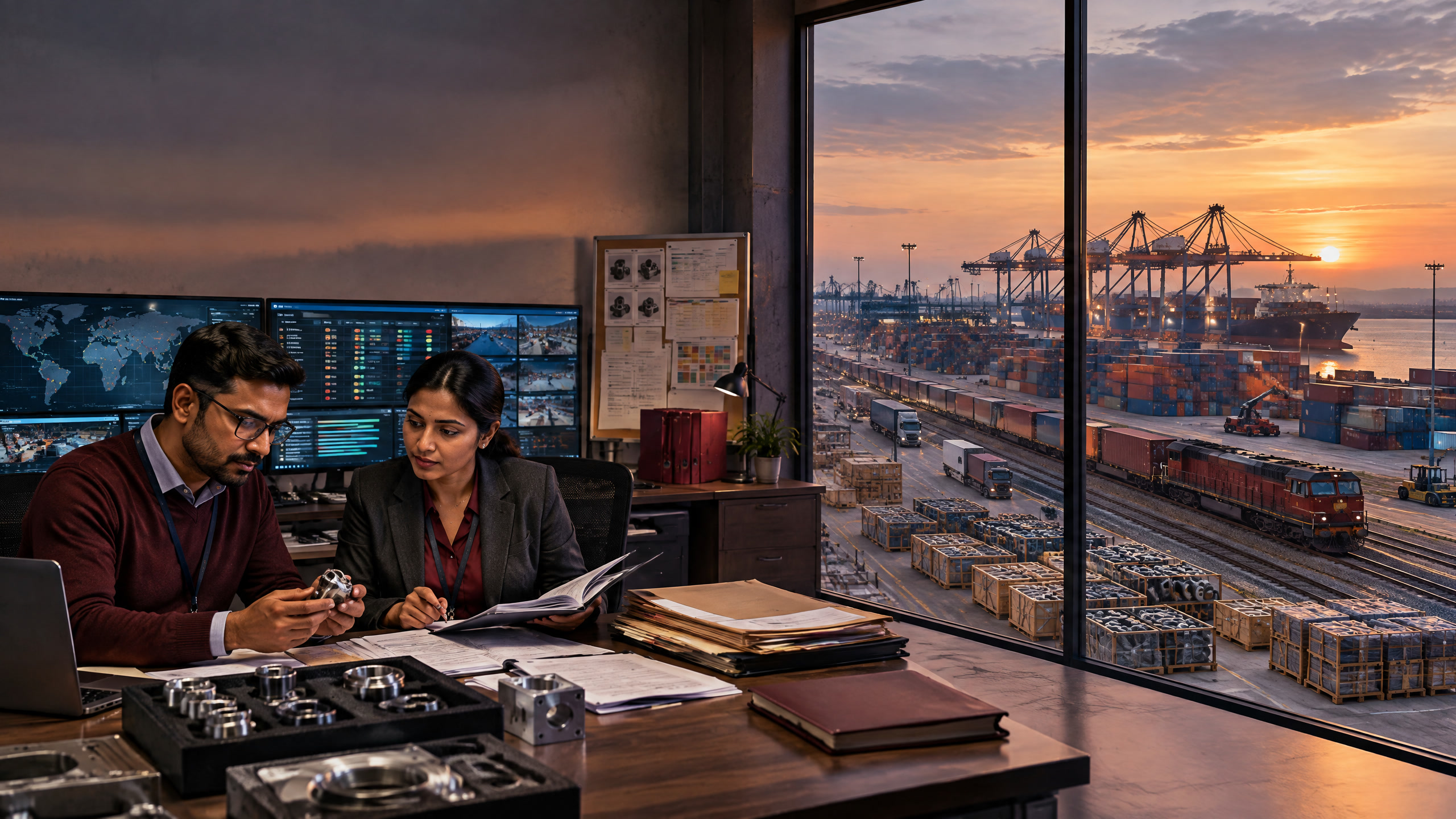 An Indian manufacturing control room overlooking containers and supply routes.
