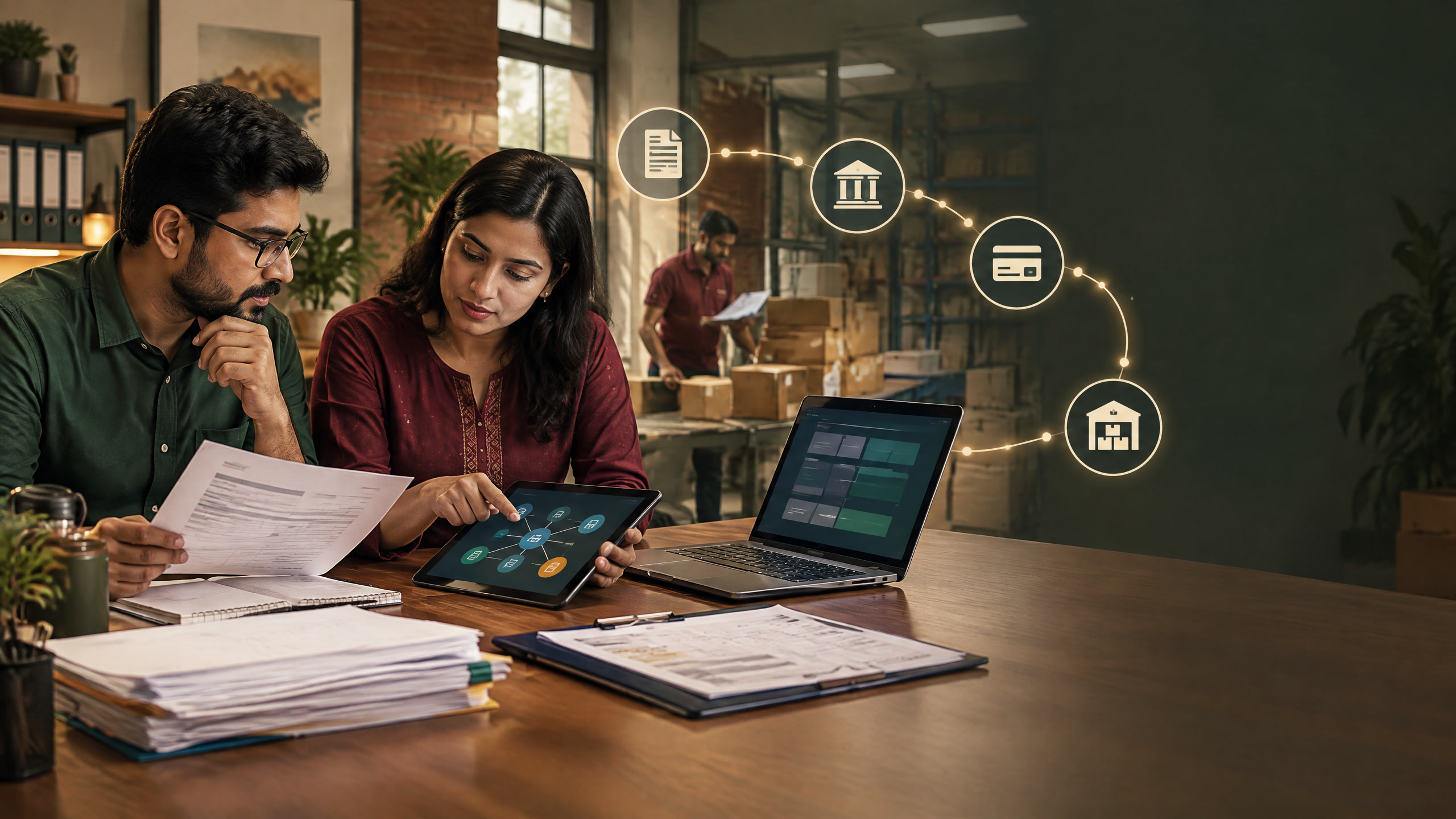 An Indian small-business finance desk connected to invoices, payment rails, and warehouse activity in a warm editorial-photography style.