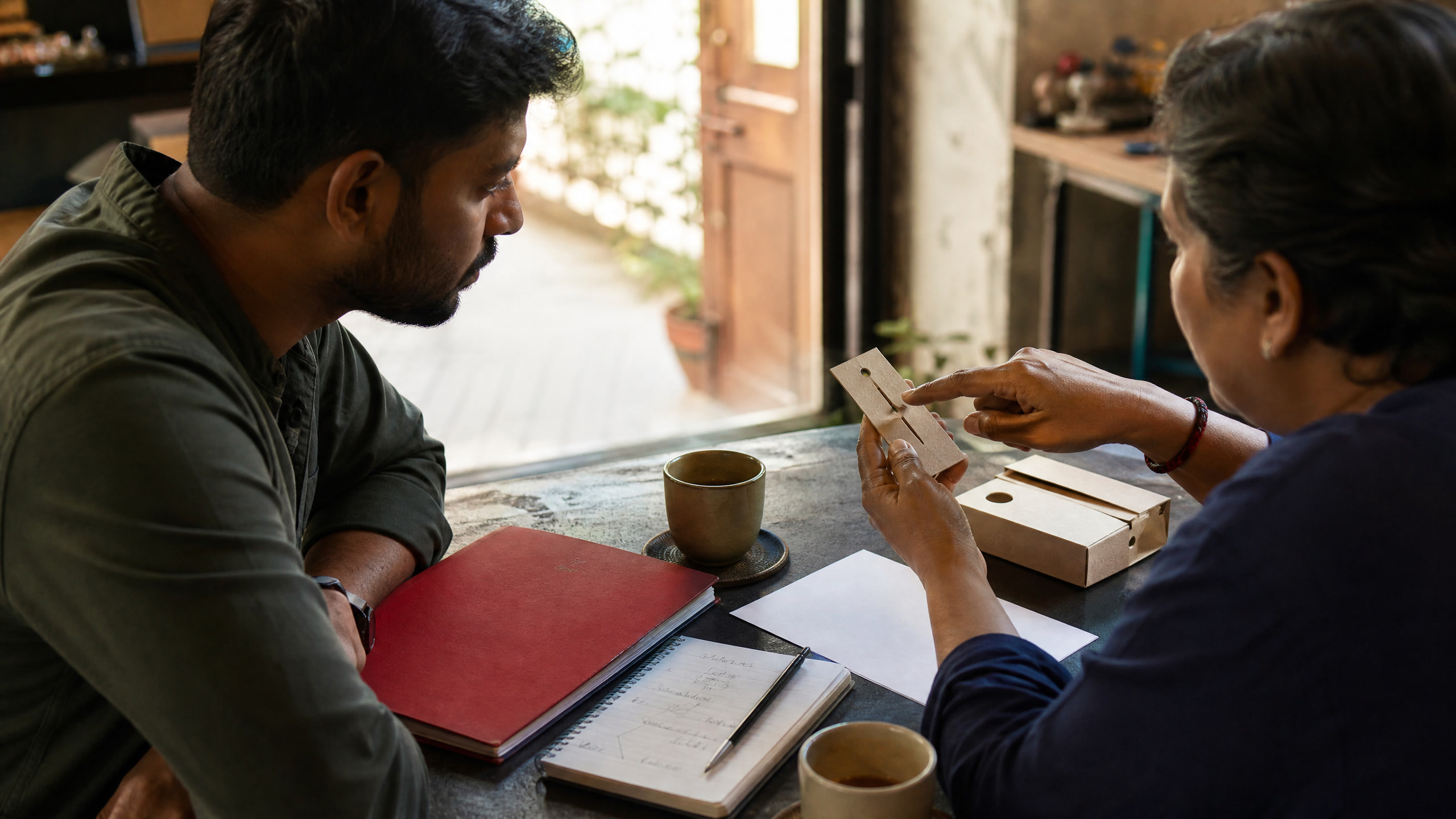Founder and small-business owner reviewing a physical prototype and blank pilot brief during a focused workshop conversation