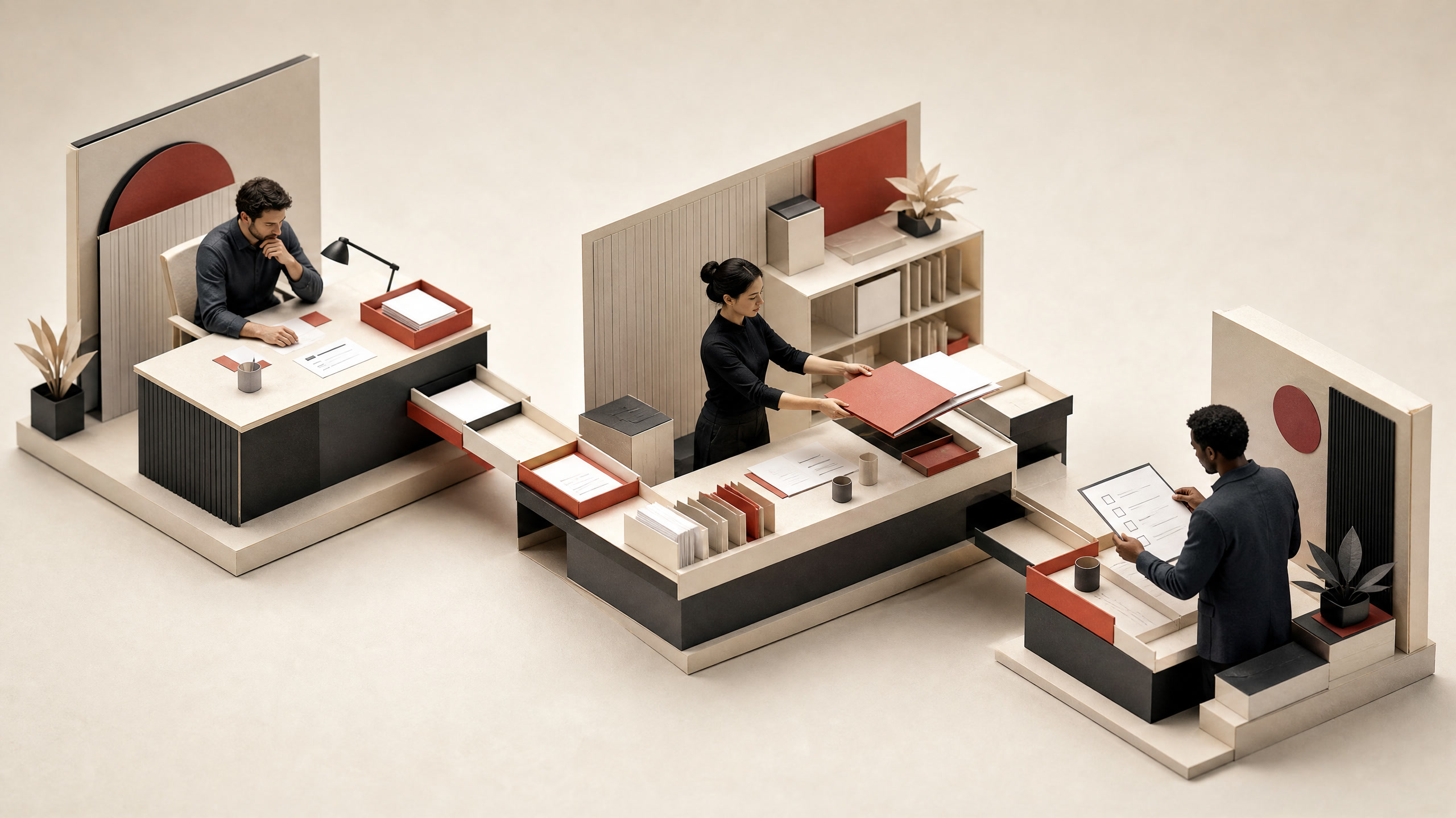 Architectural paper-model workspace showing clear task handoffs between a founder desk, execution bench, and review station