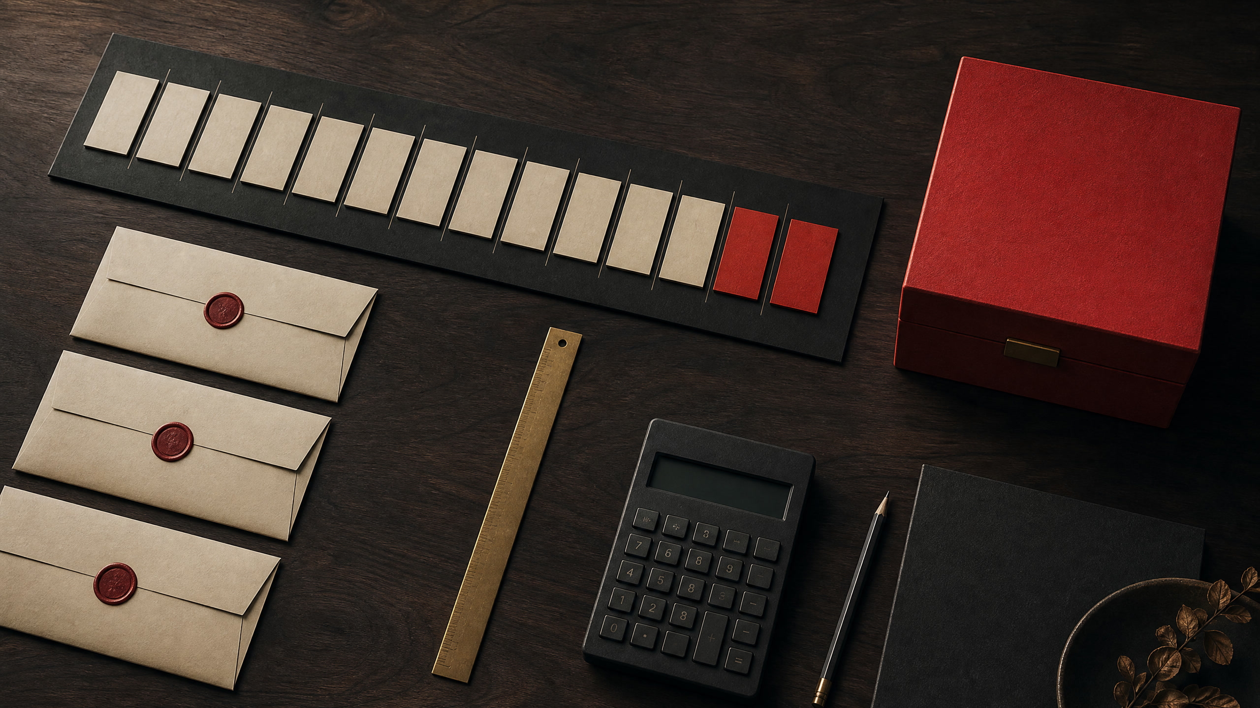 Overhead founder cash-runway planning desk with a thirteen-block calendar, reserve box, envelopes, calculator, and red ledger