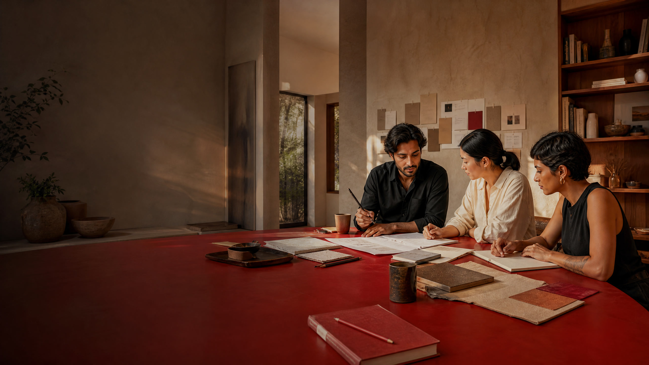 Indian founders and small-business operators working around a red planning table in a warm editorial studio
